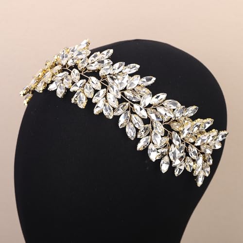 Missgrace Women Silver Green Black Red Blue Handmade Full Crystal Rhinestone Large Headband Hair Vine Shinny Headpiece Bridal Wedding Hair Accessories for Women (Gold plated) - color: Gold plated