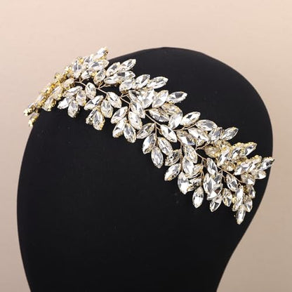 Missgrace Women Silver Green Black Red Blue Handmade Full Crystal Rhinestone Large Headband Hair Vine Shinny Headpiece Bridal Wedding Hair Accessories for Women (Gold plated) - color: Gold plated