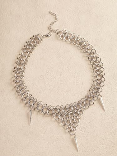 Sacina Chunky Spike Choker, Gothic Emo Punk Grunge Necklace, Goth Jewelry - color: Silver