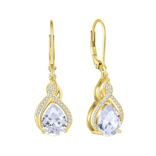 925 Sterling Silver Infinity Teardrop Earrings for Women | Lwsary Dangle Drop Leverback Earrings, Pear Shaped Birthstone Jewelry for Her - color: Gold
