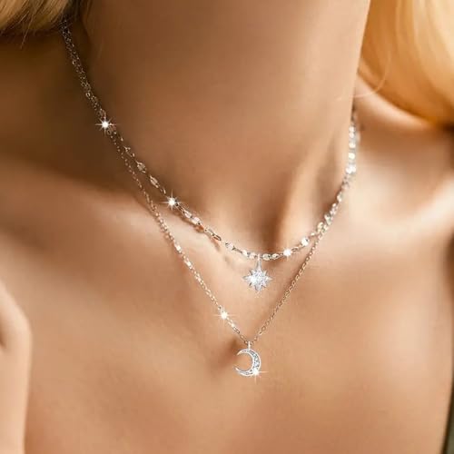 Silver Star Moon Charm Necklace for Women Layered Collarbone Chain Delicate Clavicle Chain Double Layer Necklaces for Woman - color: White K