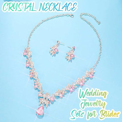 Rhinestone Bridal Wedding Jewelry Sets Gold Necklace Earrings Set Leaf Prom Formal Costume Jewelry Set for Women and Brides - color: Pink
