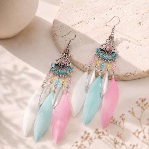 FRESHME Feather Earrings for Women - Native American Jewelry Boho Dangle Ethnic Indian Ear Drop for Music Festival Birthday - color: Little Coloful
