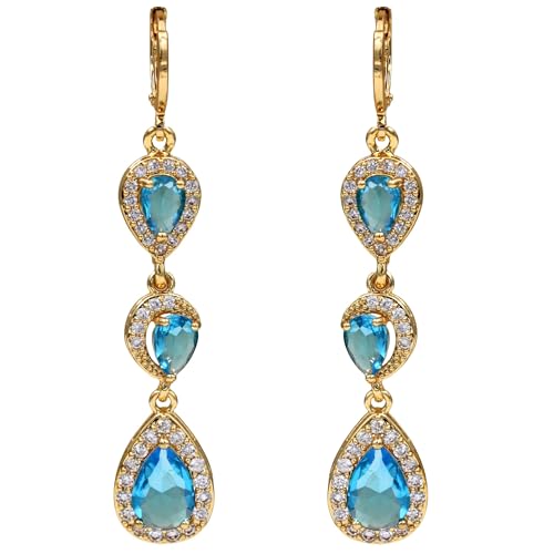 18K Gold Plated Flower Dangle Earrings for Women, Hypoallergenic Cubic Zirconia Earrings, Elegant CZ Drop Earrings, Statement Jewelry Gifts Party Fashion - style: OBS0354-Blue
