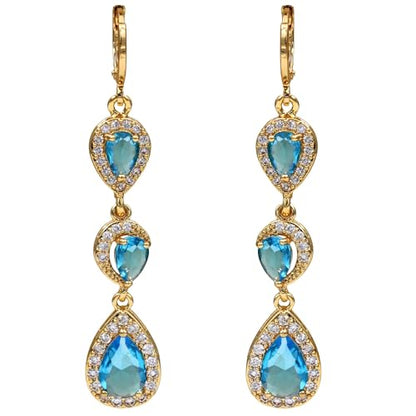 18K Gold Plated Flower Dangle Earrings for Women, Hypoallergenic Cubic Zirconia Earrings, Elegant CZ Drop Earrings, Statement Jewelry Gifts Party Fashion - style: OBS0354-Blue