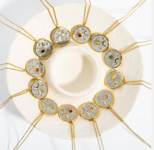 Gold Sun Moon and Stars Pendant Necklace with Birthstone Crystals as Center of Sun, Two-Tone Stainless Steel, Celestial Theme, Astrology Gift for Women, 16-20 Inch Adjustable Cable Chain - color: August Peridot