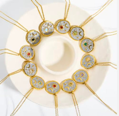 Gold Sun Moon and Stars Pendant Necklace with Birthstone Crystals as Center of Sun, Two-Tone Stainless Steel, Celestial Theme, Astrology Gift for Women, 16-20 Inch Adjustable Cable Chain - color: April Diamond