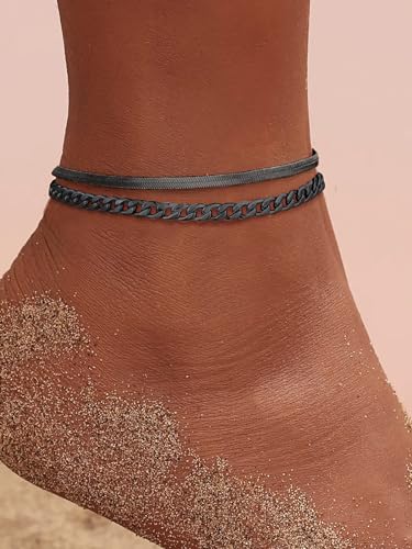 FOCALOOK Anklet Bracelets Set for Women, 14K Gold Plated Layered Anklet Set | Adjustable for Large Ankle, Cuban/Snake/Figaro/Paperclip Chain, Waterproof & Non Tarnish for Everyday Wear, Beach & Summer - color: A:2Pcs-Anklet Set-Black