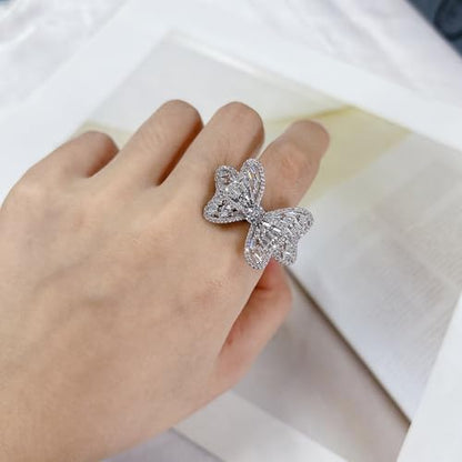 Luxury Rhinestone Bowknot Open Ring For Women Gold Silver Plated Adjustable Sparkly CZ Crystal Butterfly Finger Band Statement Bow Tie Ribbon Rings Fashion Shiny Wedding Promise Cocktail Jewelry For Her Gifts - color: Silver