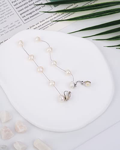 Clip-On Pearl Dangle Earrings - Baroque AAA+ Freshwater Pearl Long Drop Earrings for Women - Elegant Dangling Earrings - color: White Gold