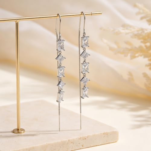 Silver Dangle Earrings Women Dangling Drop Bridesmaid Wedding Prom Jewelry - color: Silver square cz