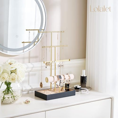 Lolalet Jewelry Holder Tree with Velvet Tray, 4 Tiers Necklace Display Stand Rack with Ring Slots Organizer for Earrings Bracelets Bangles Ring, Valentine's Day Gift -Black - color: Black