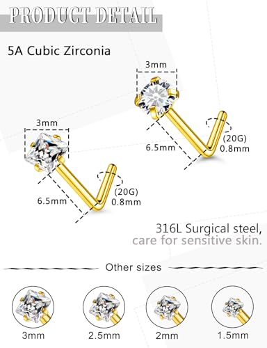 18G 20G 14K Gold Filled Nose Rings Studs Piercing Jewelry For Women Men 316L Surgical Steel Round Square Cubic Zirconia Nose Rings Studs Nostrial Piercing Jewelry CZ 1.5mm 2mm 2.5mm 3mm - color: 14K Gold Plated, size: 20 Gauge-L Shaped-Round and Square CZ