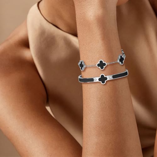 Gold Clover Bangle Bracelets for Women Men 2pcs Bracelet Stack | 18K Gold Plated Stainless Steel Non Tarnish,Chunky Black and White Jewelry,Four Leaf Clover Bracelet Bangles gifts for women - color: Silver-Black Set