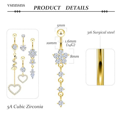 Vsnnsns 14G Dangle Belly Button Ring Piercing Jewelry 316L Stainless Surgical Steel Heart Flower CZ Reverse Navel Rings Dangling Belly Button Ring Piercing Jewelry for Women 14 Gauge Hypoallergenic - style: 5Pcs Gold