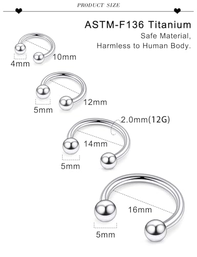 20G 18G 16G 14G 12G ASTM F136 Titanium Horseshoe Septum Nose Ring Piercing Jewelry Circular Barbell Helix Snug Tragus Rook Daith Cartilage Earring Lip Ring Hoop Piercing Jewelry for Women Men - style: 12G, 10mm 12mm 14mm 16mm Length, Ball+Spike