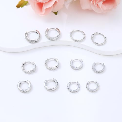 Wgoud Small Gold Hoop Earrings Set for Women, 6 Pairs 14K Gold Plated Hypoallergenic Lightweight Huggie Hoops Earrings, Trendy Cartilage Cubic Zirconia Earrings for Women Gifts. - color: B-Silver
