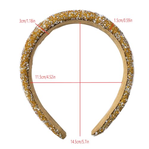 Glitter Crystal Headband for Women Sparkly Bling Diamond Headband Wide Hairband Sparkle Beaded Crystal Headband Thick Padded Headband for Party Non Slip Glitter Hair Hoop (Champagne, L) - color: Champagne
