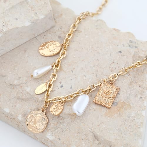 Charm Necklace for Women Gold Evil Eye Sun Moon Flower Coin Pendant Necklace Dainty Paperclip Chain Vintage Luck Amulet Choker Necklaces Celestial Jewelry Gift - style: 7 Charms- Angel,Pearl