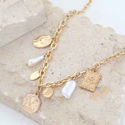 Charm Necklace for Women Gold Evil Eye Sun Moon Flower Coin Pendant Necklace Dainty Paperclip Chain Vintage Luck Amulet Choker Necklaces Celestial Jewelry Gift - style: 7 Charms- Angel,Pearl