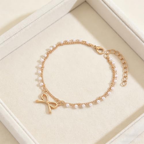 Nojess Gold Bow Anklet Bracelets for Women Layered Faux Pearl Bow Ankle Adjustable Summer Beach Foot Jewelry for Vacation Gift