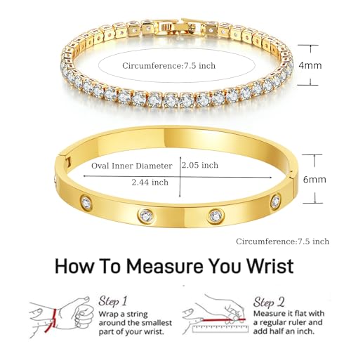 18K Gold Plated Dainty Tennis Bracelets Set 4mm/6mm Love Bangle Bracelets with 3mm/4mm Cubic Zirconia Classic Tennis Bracelet| Gold Bracelets for Women | Size 6.5/7/7.5 Inch - color: 4mm&6mm Gold Tennis Bangle, size: 7.5 Inches