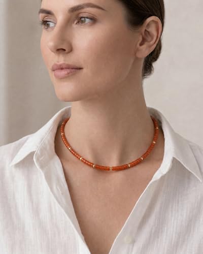 Natural Heishi Gemstone Choker Necklace for Women, Adjustable 15"+2" Beaded Layering Necklace, Coastal Beach Jewelry Gift for Her - color: Carnelian