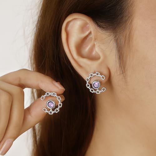 Elegant C-Shaped Crystal Stud Earrings with Birthstone Earring Silver Plated Fashion Jewelry for Women CE0003 - color: Purple-February