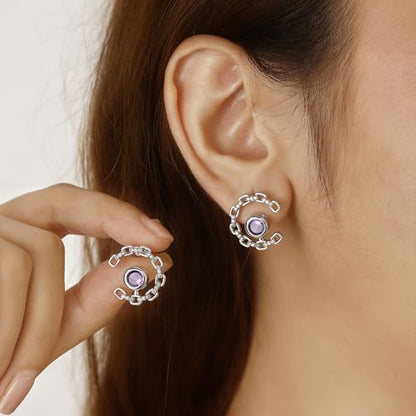 Elegant C-Shaped Crystal Stud Earrings with Birthstone Earring Silver Plated Fashion Jewelry for Women CE0003 - color: Purple-February