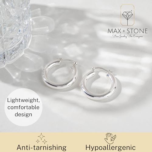 925 Sterling Silver Chunky Hoop Earrings for Women | Hypoallergenic Hollow Round Sterling Silver Hoop Earrings | Lightweight Thick Silver Earrings Hoops by MAX + STONE - style: Polished Chunky Hoop | 1 Inch