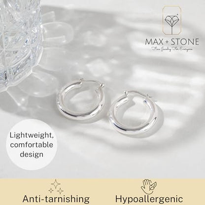 925 Sterling Silver Chunky Hoop Earrings for Women | Hypoallergenic Hollow Round Sterling Silver Hoop Earrings | Lightweight Thick Silver Earrings Hoops by MAX + STONE - style: Polished Chunky Hoop | 1 Inch
