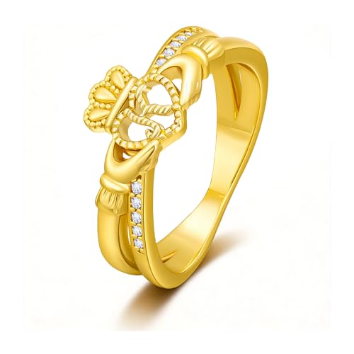 Gold Initial Crown Rings for Women Non Tarnish 14K Gold Plated Vintage Heart Thumb Rings Personalized Carved Anniversary Valentine's Day Gifts - color: Gold-K
