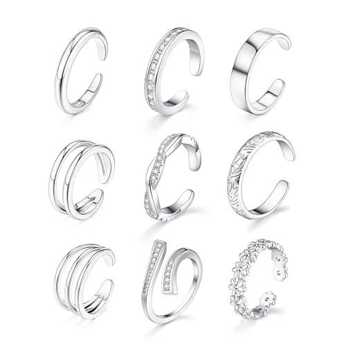 SONNYX 9Pcs 18K Gold Plated Gold Toe Rings for Women | Adjustable Silver Toe Rings Foot Jewelry for Summer Beach - color: Silver1