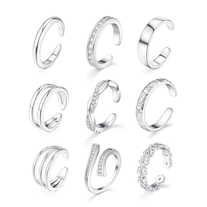 SONNYX 9Pcs 18K Gold Plated Gold Toe Rings for Women | Adjustable Silver Toe Rings Foot Jewelry for Summer Beach - color: Silver1