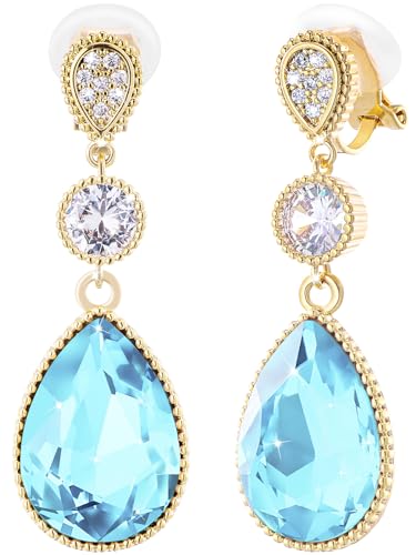 Clip On 18 * 13MM Big Crystal Dangle Non Pierced Earrings for Women 14K Gold Plated Jewelry - color: Mar-Aquamarine-14K Gold Plated