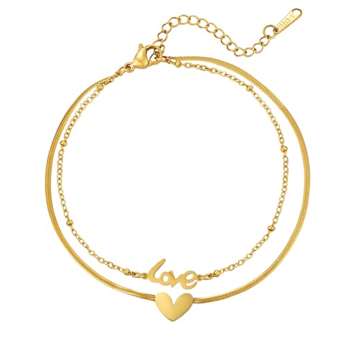 Dainty Gold Anklets for Women Stainless Steel Simple Ankle Bracelets Summer Beach Foot Chain Jewelry Gift - color: Double-layer Love Heart