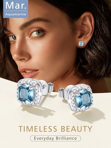 FindChic Birthstone Earrings for Women, Round/Heart/Square/Teardrop Earrings with 925 Sterling Silver Posts & Push Backs, Hypoallergenic Studs with Cubic Zirconia, 12 Months Jewelry with Gift Box - style: 03. March-Aquamarine (Square)