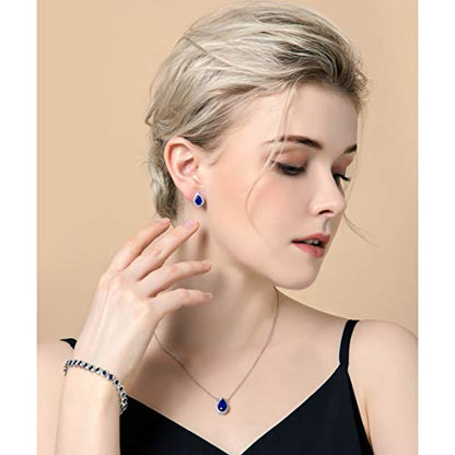 Women's Wedding Jewelry Set for Bride Teardrop CZ Necklace Earrings Set | Sterling Silver Pear Shape Necklace and Studs Crystal Rhinestone Costume Jewelry for Party Prom Bridesmaids - color: Sapphire