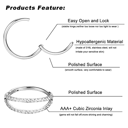 Dochais 4PCS 18G Nose Rings Hoops, Surgical Steel Earrings Tragus Septum Piercing CZ Clicker Ring, Hinged Segment Conch Lip Cartilage Double Hoops 8mm 10mm for Women Men - color: Silver, size: 18G(1.0mm),8mm