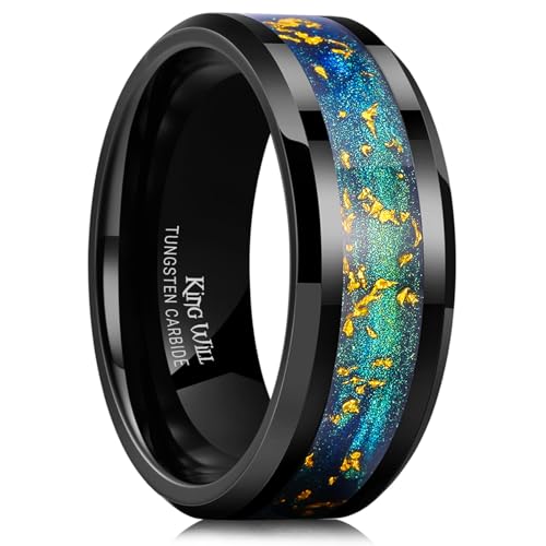 King Will Mens Galaxy Tungsten Wedding Band | 6mm/8mm, Beveled Edge, Comfort Fit, Durable, Sandstone Opal Inlay Polished, Everyday Wear - color: Blue&Green&Gold