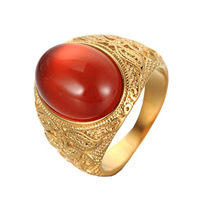 Retro Unisex Stainless Steel Oval Gemstone Hollow Flower Carved Signet Ring - color: Gold-Red