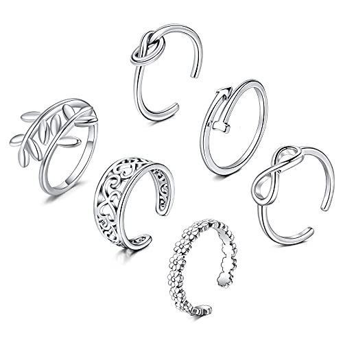 JFORYOU Toe Rings for Women Adjustable Open Toe Rings with Anklet Set CZ Flower Toes Ring for Summer Beach Foot Jewelry - color: 9 Pcs Silver Set