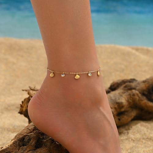 18K Gold Plated Waterproof Summer Beach Ankle Bracelets for Women | Starfish Sea Shell Pearls CZ Diamond Dangle Anklets - style: Shell CZ Drop-Gold