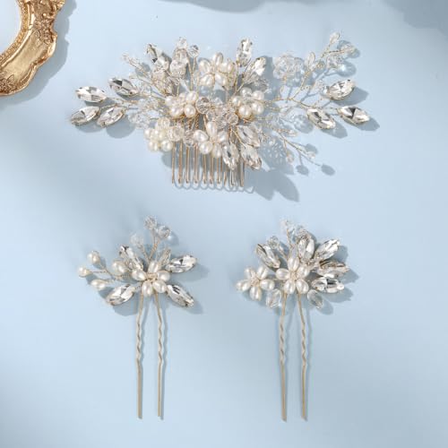 Wedding Hair Accessories Crystal bridal hair pins Rhinestone Pearl hair comb Brides and Bridesmaids, Girls, Women(Gold) - color: Gold
