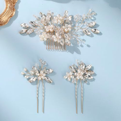 Wedding Hair Accessories Crystal bridal hair pins Rhinestone Pearl hair comb Brides and Bridesmaids, Girls, Women(Gold) - color: Gold