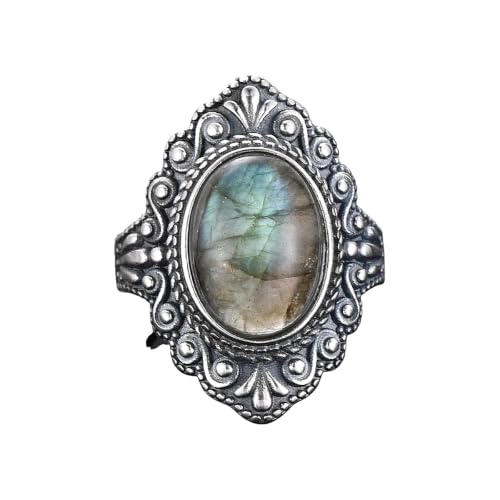 Silver Ring For Women Oval Round Natural Labradorite Ring Gift Sun Shaped Retro Luxury Fine Jewelry