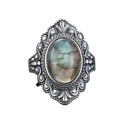 Silver Ring For Women Oval Round Natural Labradorite Ring Gift Sun Shaped Retro Luxury Fine Jewelry