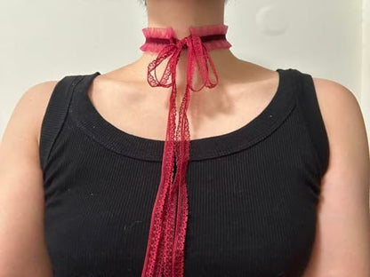 MOMOCAT Red Lace Tie Bow Stretchy Velvet Choker Necklace for Women Burgundy Ribbon Chokers Necklaces for Woman Gothic Cute Chockers 90s Chocker Jewelry Accessories for Women Girls
