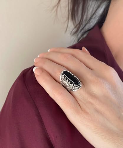 Filigranist 925 Sterling Silver Handcrafted Filigree Art Women Oval Boho Statement Ring with Gemstones, Gift Boxed - color: Black Onyx, size: 5.5