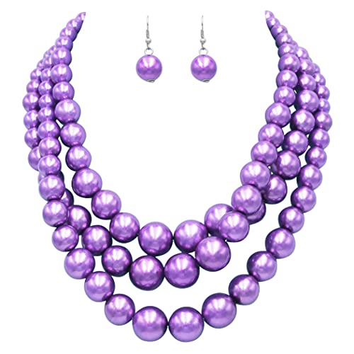 Rosemarie & Jubalee Women's 3 Colorful Multi Strands Simulated Pearl Necklace And Earrings Jewelry Gift Set, 18"+3" Extender - color: Lavender Purple Silver Tone